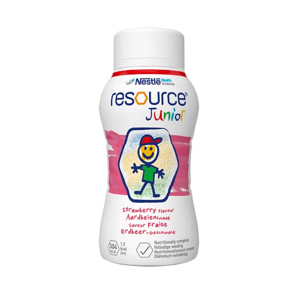 Resource Junior Erdbeer-Geschmack flüssig 6X4X200 ml, hochkalorisch, 1,5 kcal/ml, ab 1 Jahr