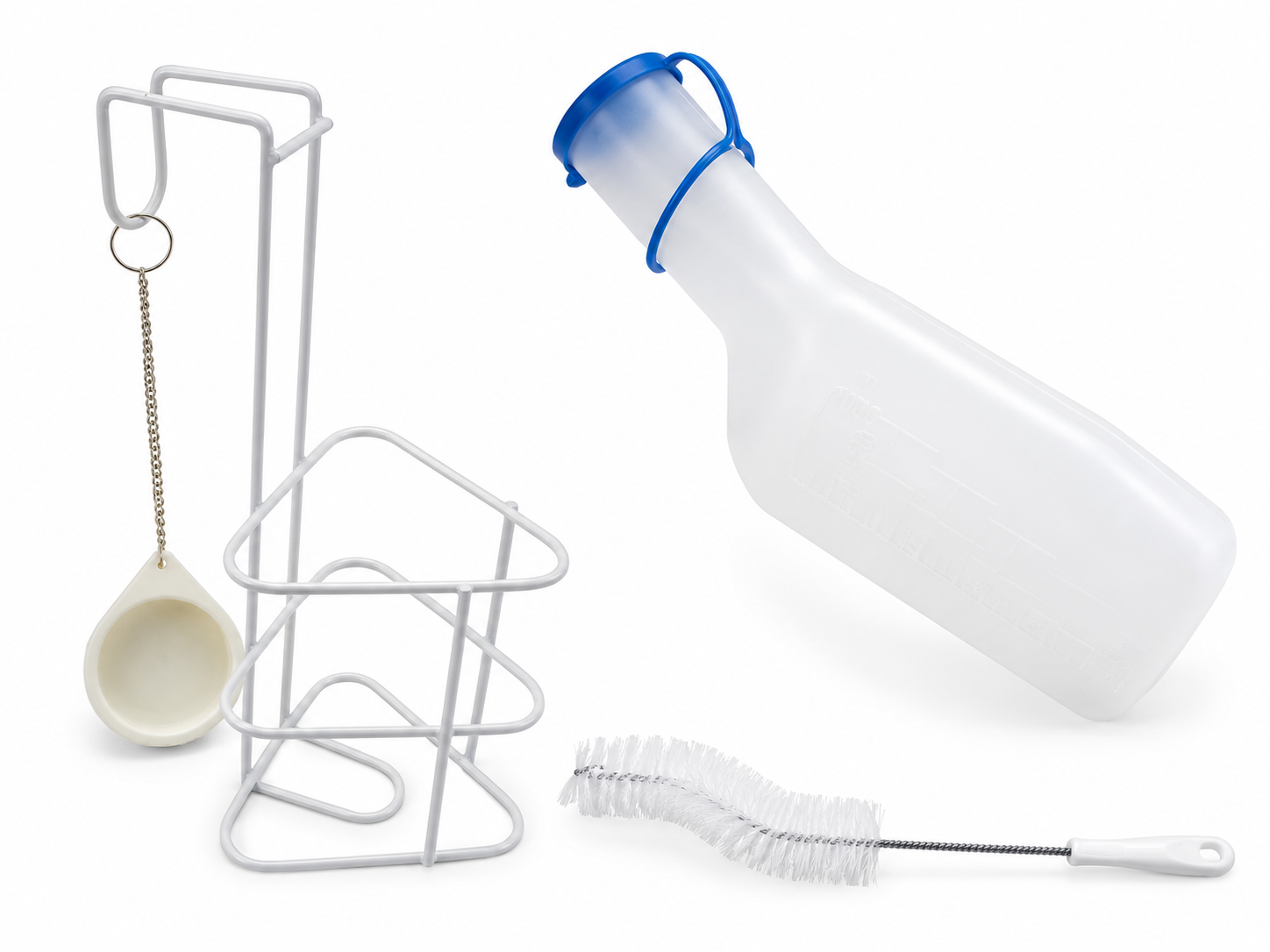 Urinflaschenset mit Halter Milchig, autoklavierbar, Urinflaschenbürste