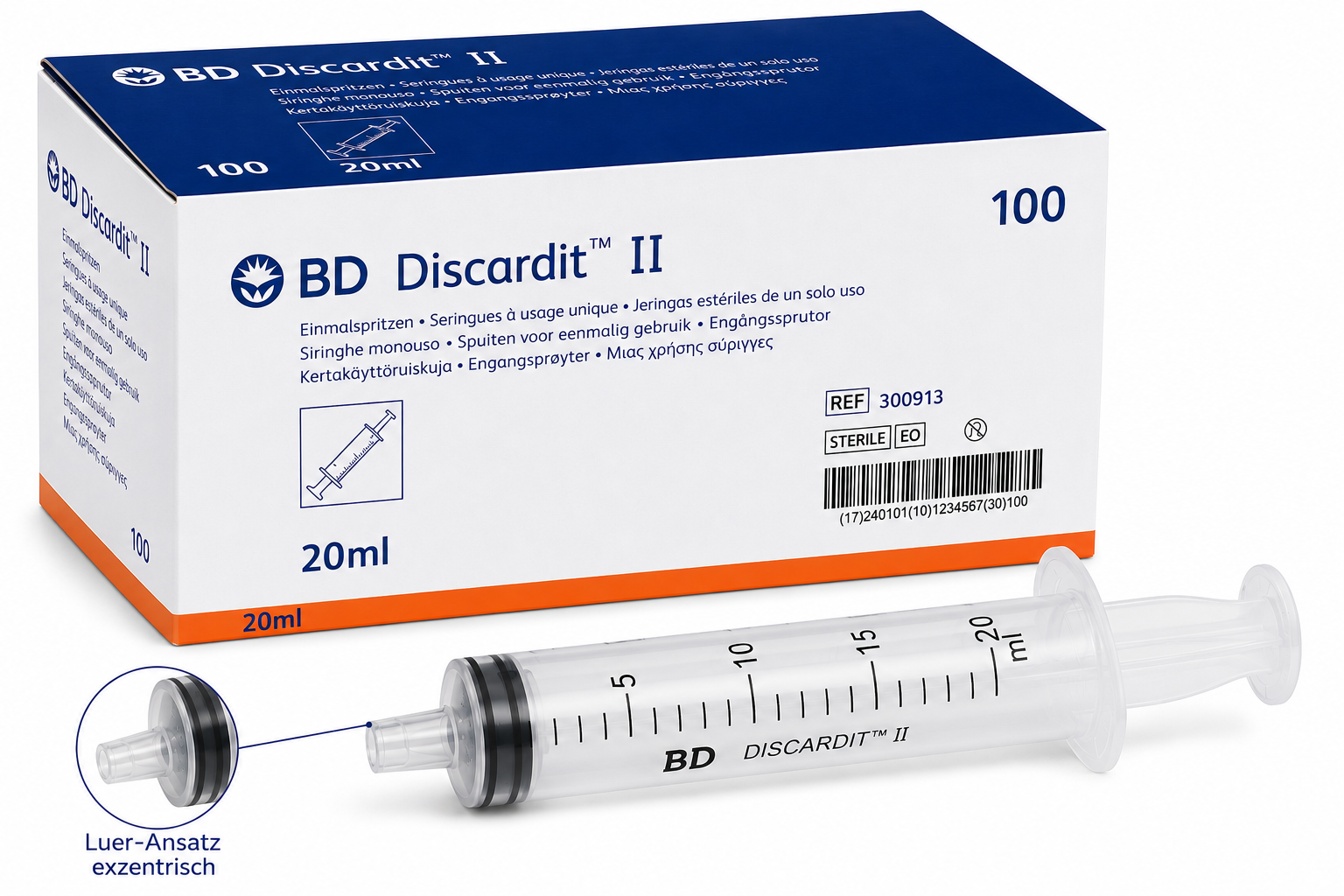 BD Discardit II Einmal-Spritzen 20 ml, Luer, exzentrisch