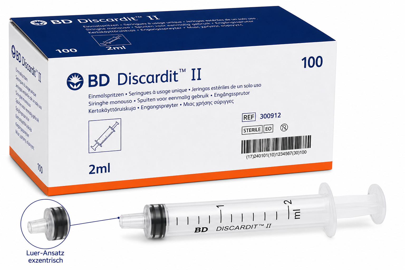 BD Discardit II Einmal-Spritzen 2 ml, Luer, exzentrisch